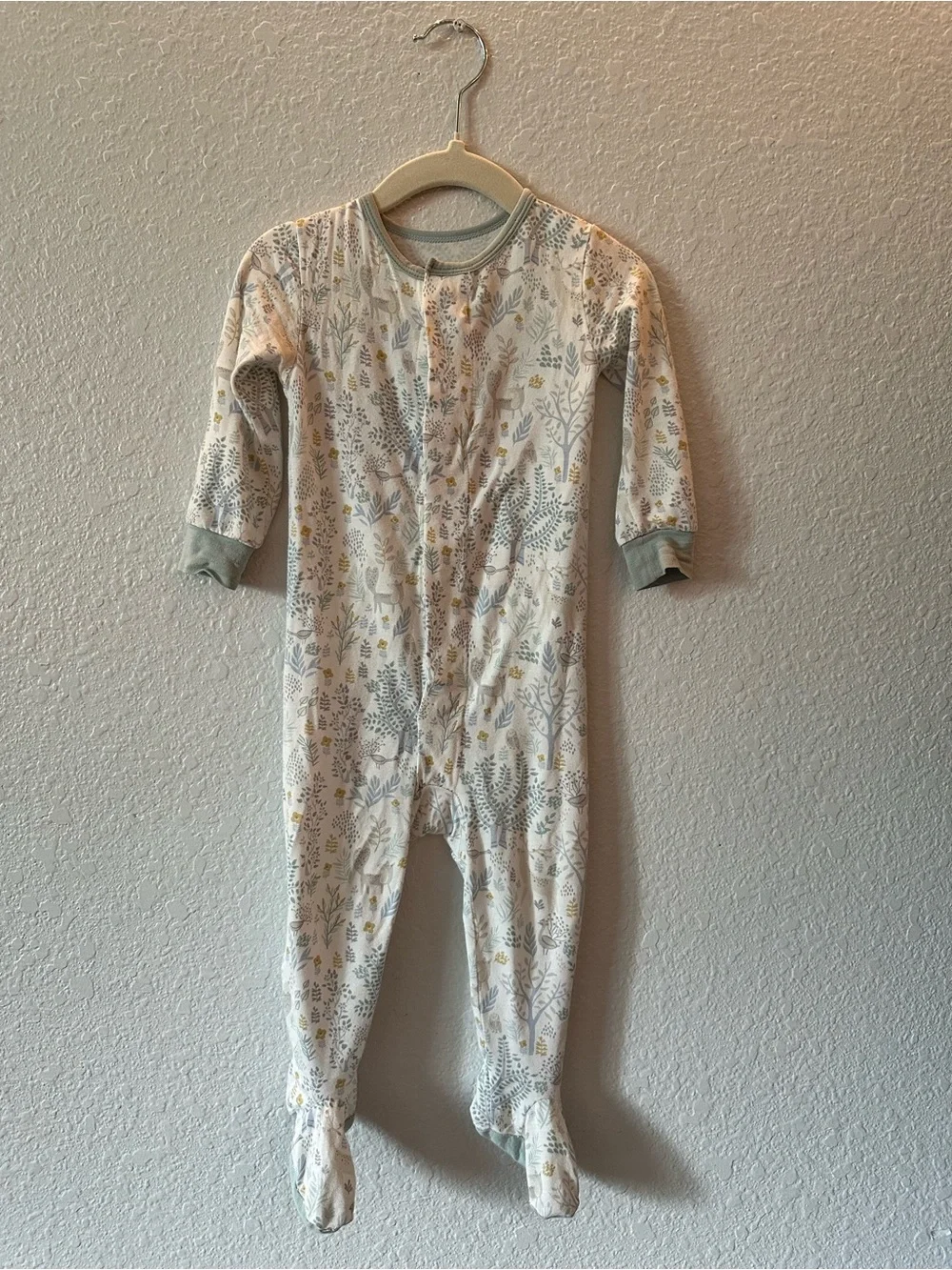 Magnetic Me // White Footie Pajamas with Sage & Yellow Woodland Print